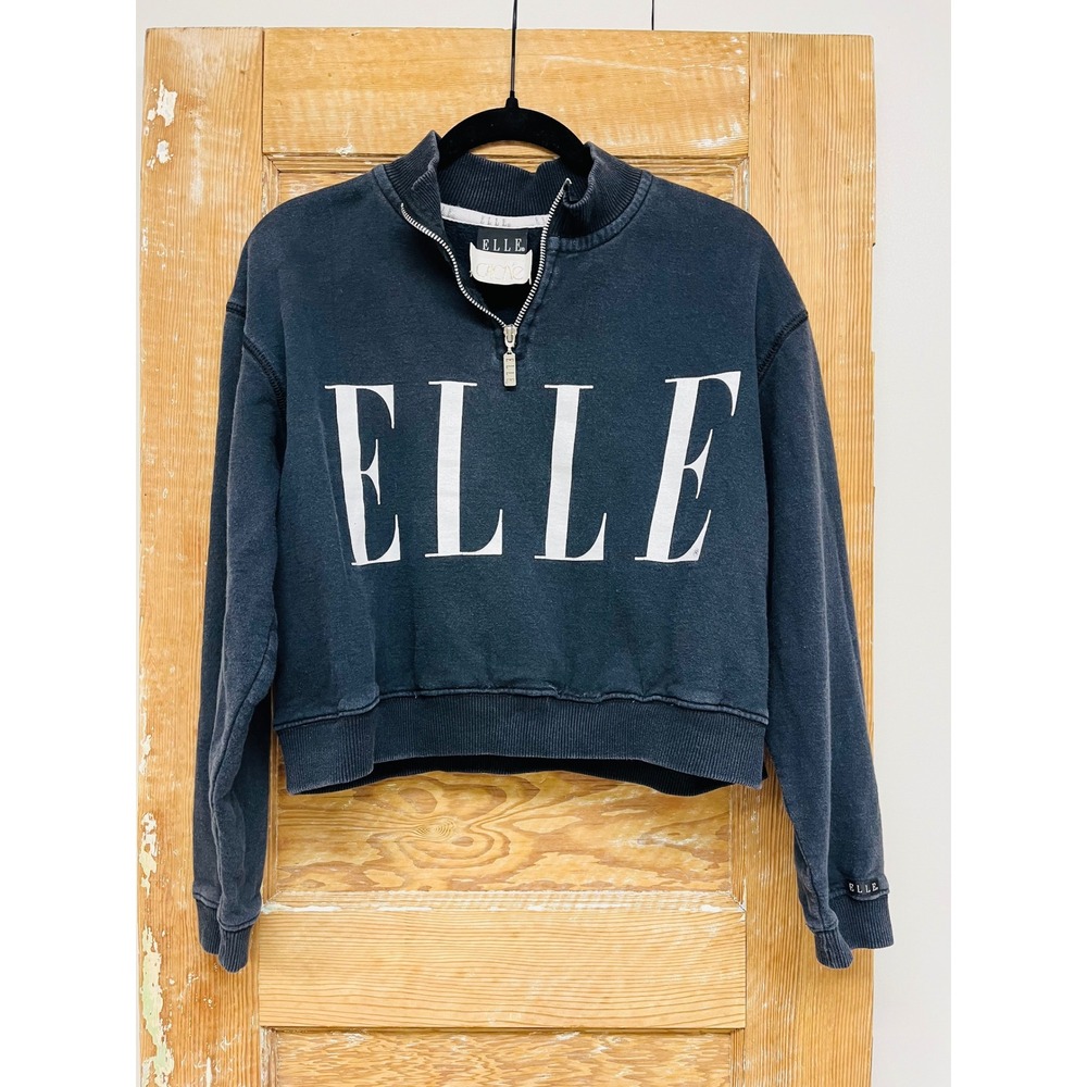 Vtg Elle Cropped Sweatshirt OS 1/4 Zip Graphic Y2K Collegiate Streetwear Retro